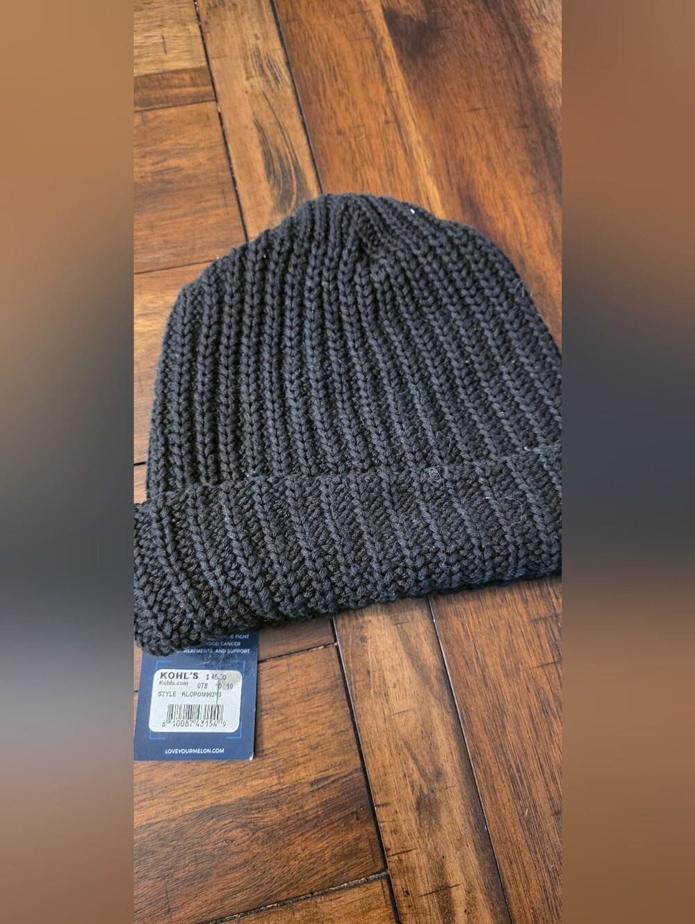 Love Your Melon Black Knit Cuffed Beanie with Leather Patch - Picture 3 of 3